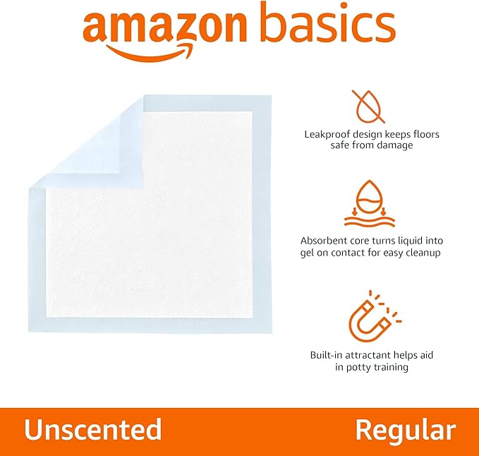 Amazon Basics Dog and Puppy Pee Pads, 5-Layer Leak-Proof Super Absorbent, Quick-Dry Surface, Potty Training, Regular (22x22"), 100 Count, Blue & White-Mewly Pet