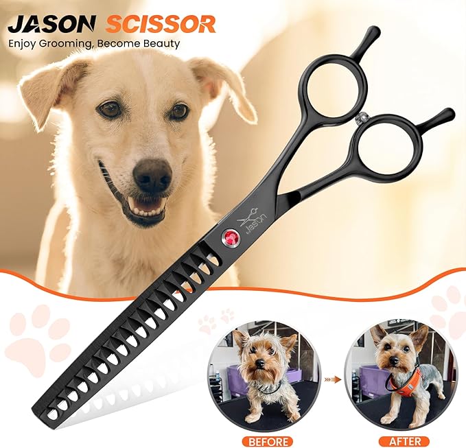 JASON 7.5" Dog Grooming Scissor - Professional Thinning Chunker Shear with 18 Teeth Japanese Stainless Steel Hair Scissors for Dogs, Cats and Other Pets (Chunker, Black)-Mewly Pet