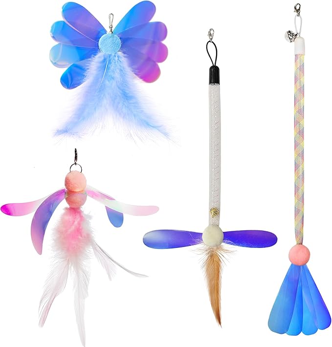 JXFUKAL Cat Feather Toy Refills, 4Pcs Simulation Butterfly Dragonfly Glitter Piece Feather Cat Lures Wand Attachment Replacement for Kitty Kitten Indoor Cats Accessories-Mewly Pet