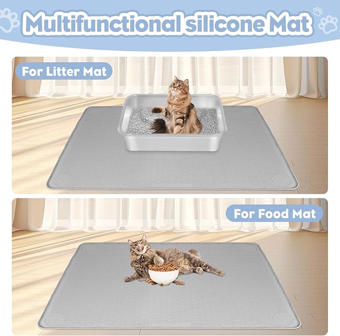 Cat Litter Mat, Extra Large 40" x 28" Silicone Mat Litter Trapping Mat for Scatter Control, Soft on Kitty Paws, Easy to Clean (Gray)-Mewly Pet