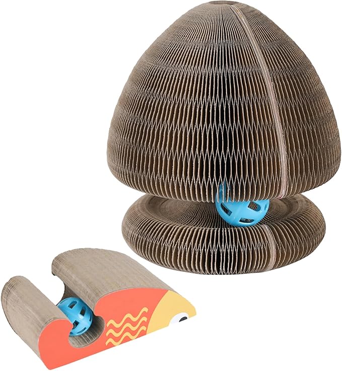 Kitty Curls Cat Toy Kurlz, Interactive Scratch Pad, Foldable Accordion,Cat Recyclable Scratcher with Ball (Orange)-Mewly Pet