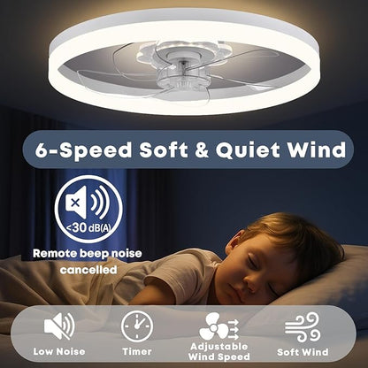 20‘’ Ceiling Fan with Light, Upgraded Low Profile Fan, Flush Mount Ceiling Fan, 6 Speeds, Dimmable LED, App & Remote Control, Quiet DC Motor, for Bedroom, Living Room, F115 White