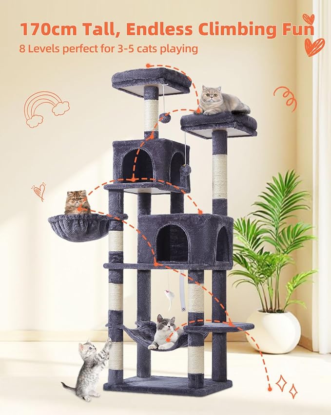 Taoqimiao Cat Tree, 66.2-Inch Cat Tower for Indoor Cats, Plush Multi-Level Cat Condo with 7 Scratching Posts, 2 Perches, 2 Caves, Hammock, 2 Pompoms, Smoky Gray MS013G-Mewly Pet