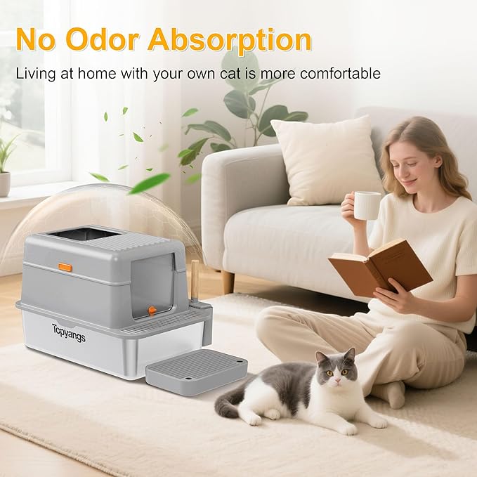 Stainless Steel Litter Box with Lid, 20L Metal Enclosed Litter Box for Big Cat, Flip-Top Design with Anti-Leakage High Sides, Large Cat Lovers Gifts (#1 Gray)-Mewly Pet