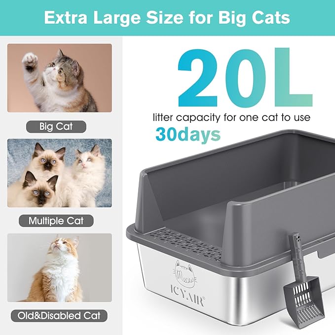Stainless Steel Cat Litter Box with High Sides Lid, Extra Large XL Litter Box for Big Cats,Enclosed Metal Kitty Litter Pan with Anti-Leakage Enclosure, Non-Stick, Odorless,Scoop Included (Dark Grey)…-Mewly Pet