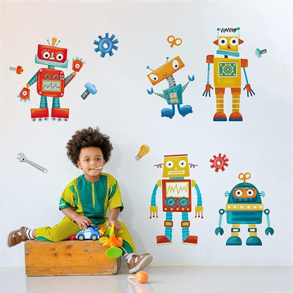 Yovkky Robots Educational Wall Decals Stickers, Bulb Gear Baby Boys Room Nursery Playroom Decor, Clockwork Wrench Toddler Kids Bedroom Home Classroom Decorations Art