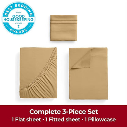 Mellanni Twin Sheets Set - 3 PC Iconic Collection Bedding - Hotel Luxury, Extra Soft, Cooling Bed Sheets - Wrinkle, Fade, Stain Resistant (Twin, Gold)