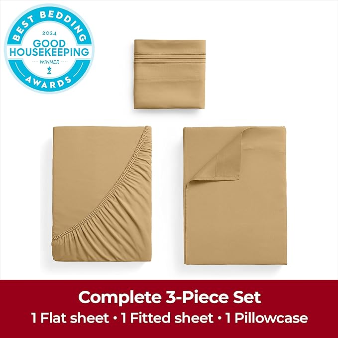 Mellanni Twin XL Sheets Set - 3 PC Iconic Collection Bedding - Hotel Luxury, Extra Soft, Cooling Bed Sheets - Wrinkle, Fade, Stain Resistant (Twin Extra Long, Gold)