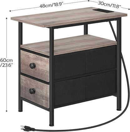 HOOBRO End Table with Charging Station, Narrow Side Table, Nightstand with 2 Non-Woven Drawers, Slim Sofa Side Table, for Small Spaces, Living Room, Bedroom, Greige and Black BG486UBZ01