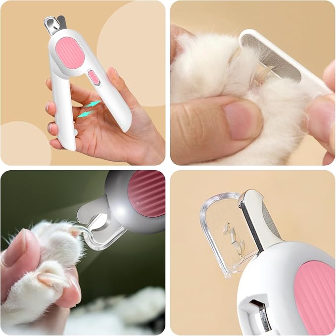 Odoland Cat Nail Clipper with LED Light and Nail File, Dog Claw Trimmer with Bright Light to Avoid Excessive Cutting - Pet Grooming Tool for Tiny Dog Cat Kitten Bunny Rabbit Pink-Mewly Pet