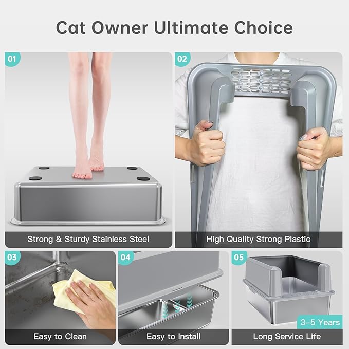 Enclosed Stainless Steel Cat Litter Box with Lid, XL Extra Large Litter Box for Big Cats, Metal Litter Pan High Sided, Never Absorbs Odors, Anti-Urine Leakage, Include Scoop (SH-Light Gray)-Mewly Pet