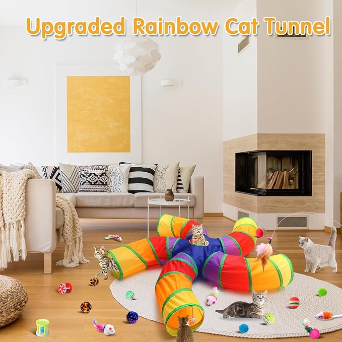 Poen 21 Pcs Cat Tunnel for Indoor Set Collapsible 5 Way Tubes with 20 Pcs Cat Kitten Toys Interactive Feather Toy Mouse Crinkle Balls Tube for Puppy Kitten Rabbit(Colorful)-Mewly Pet