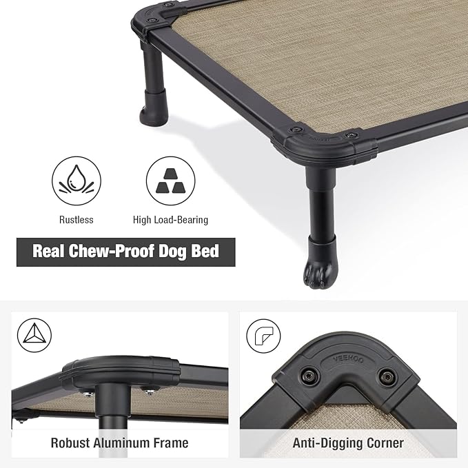Veehoo Chew Proof Elevated Dog Bed - Cooling Raised Pet Cot - Rustless Aluminum Frame and Durable Textilene Mesh, Unique Designed No-Slip Feet for Indoor or Outdoor Use, Beige Coffee, Medium-Mewly Pet