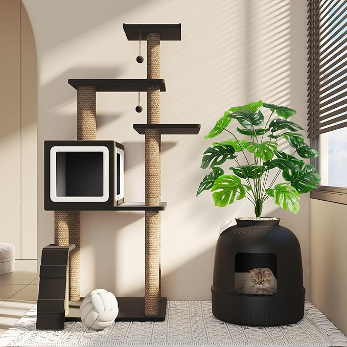 Lifewit 2 Pack Litter Box Cat with Faux Plant & Scoop, Hidden Enclosure Litter Tray with Odor Control & Carbon Filter in Living Room, Bedroom, Corner, Black-Mewly Pet