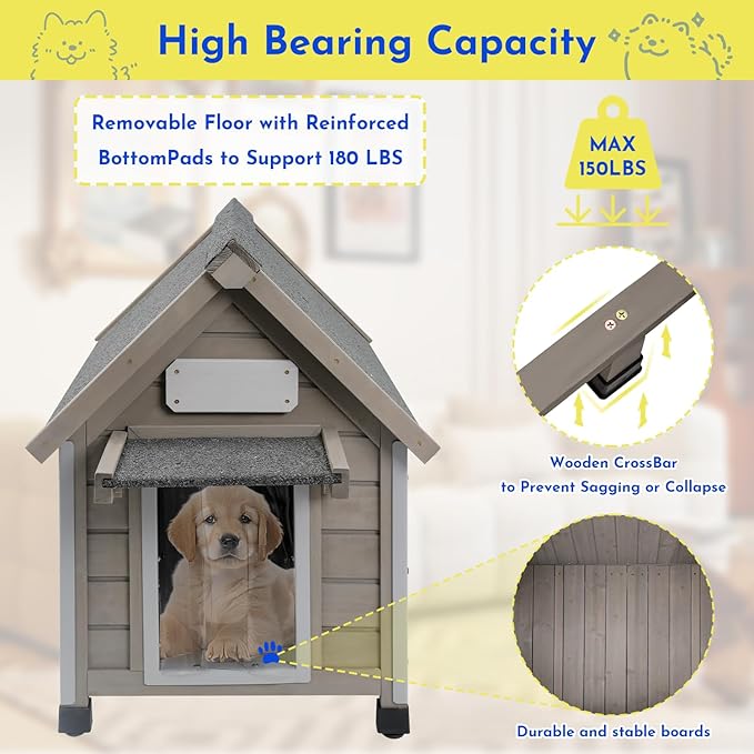 Outdoor Dog House Weatherproof Large Wooden Dog Kennel Indoor for Small Dogs with Chew-Proof Frame, Oxford Fabric Window, Removable Floor Pet Shelter (Grey, 18.1" D x 25.2" W x 24" H)-Mewly Pet