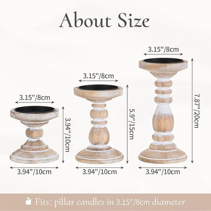 Wood Pillar Candle Holder: 3Pcs Rustic White Candle Holders for Pillar Candles Wood Candle Holders Distressed Wooden Farmhouse Candle Holder Large Rustic Candle Holder for Fireplace Table