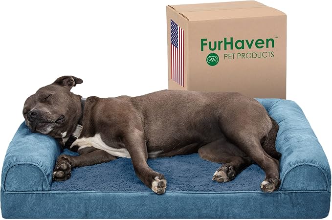 Furhaven Orthopedic Dog Bed for Large/Medium Dogs w/ Removable Bolsters & Washable Cover, For Dogs Up to 55 lbs - Faux Fur & Velvet Sofa - Harbor Blue, Large-Mewly Pet