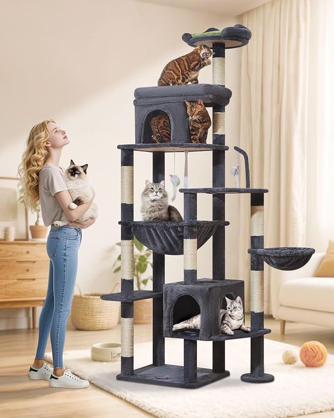Taoqimiao 83In Heavy Duty Cat Tree, Suitable 20lb+ Large Cats, XXL-Cat Tower for Indoor Cats Large Adult, 2 Luxurious Cat Cando with 8 Scratching Posts,Oversized Metal Hammocks,Smoky Gray MS032G-Mewly Pet