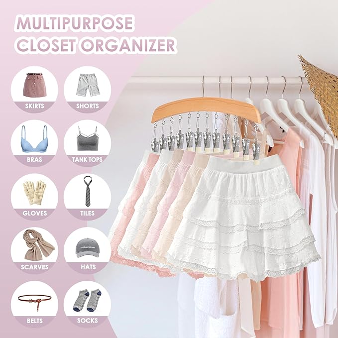 Leggings Hangers, Wooden Closet Hanging Leggings Storage Organizer Scarf Hangers with 24 Clips, 360° Swivel Hook, Burlywood, 2 Pcs