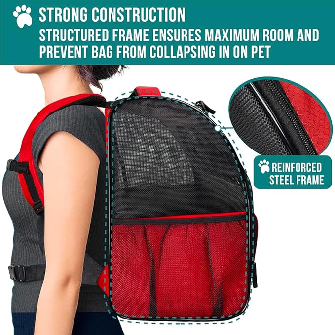 PetAmi Dog Backpack Carrier for Small Large Cat, Pet, Puppy, Ventilated Pet Hiking Backpack Travel Bag, Airline Approved Cat Backpack Carrier, Camping Biking Dog Bag Up to 18lbs Pet, Red-Mewly Pet