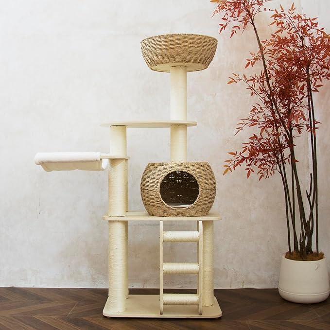 54 Inch Cat Tree for Indoor Cats, Tall Wooden Cat Tower with Scratching Posts, Rattan Condo and Perch, Multi-Level Cat Climber, Stylish Pet Furniture-Mewly Pet