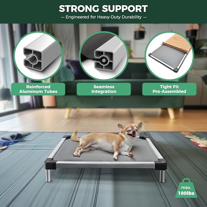 FXW TitanNest Chew-Proof Elevated Dog Bed, Raised Cot for Indoor/Outdoor/Camping Use, Durable & Washable Padded Pet Bed with Exclusive Reuseable Cover for Small Dogs, 36.0" L x 24.0" W x 4.5" H, Gray-Mewly Pet