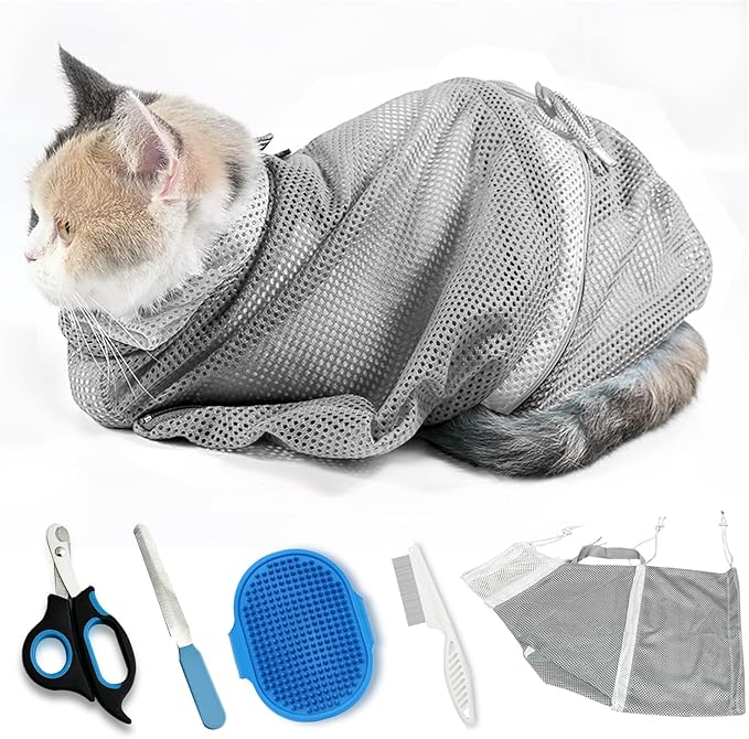 Adjustable Multifunctional Anti-Bite Shower net Bag，Cat Grooming Mesh Bag, Cat Bathing Bag，Cat Bath Brush and Cat Nail Clipper-Mewly Pet