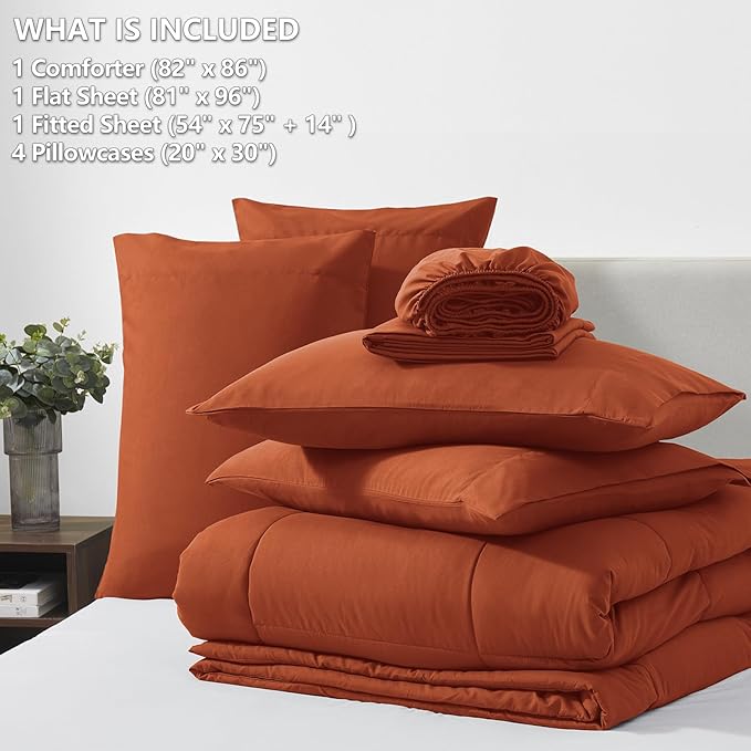 CozyLux Full Size Comforter Sets Terracotta, 7 Pieces Bed in a Bag, Burnt Orange Fall Comforter Full Size, All Season Bedding Sets with Stitch Quilted Comforter, Flat Sheet, Fitted Sheet, Pillowcases