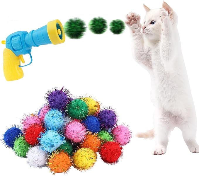Dorhui Cat Toy Gun Launcher - 30 Pcs Sparkle Pom Pom Balls and Ball Launcher, Fetch Toy Gun Shooter, Interactive Glitter Balls for Indoor Cats and Kitty Gifts-Mewly Pet