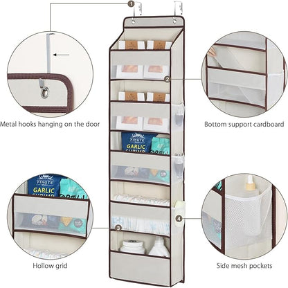 Univivi 1 Pack Over The Door Organizer, Non-Tilting Over The Door Organizer Hanging Door Storage With 5 Large Compartments 6 Side Pockets for Nursery Storage (Beige)