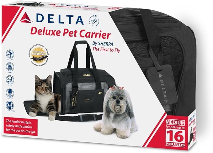 Sherpa Delta Airlines Travel Pet Carrier, Airline Approved & Guaranteed On Board - Black, Medium-Mewly Pet