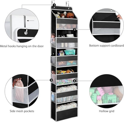 Univivi Door Hanging Organizer Nursery Closet Cabinet Baby Storage with 6 Large Compartments and 8 Side Pockets for Cosmetics, Toys and Sundries (Black)