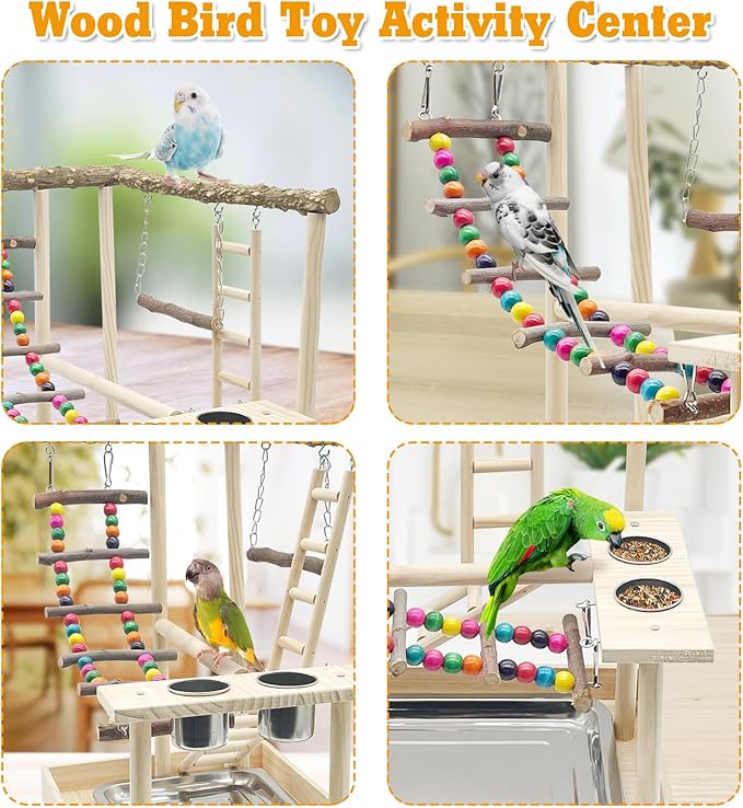 Hamiledyi Bird Playground Parrots Wood Perch Stand Cockatiel Playground Bird Play Gym Colours Climb Ladders Swing Chewing Toys with Parakeet Feeding Cups Exercise Activity Center for Lovebirds Conure-Mewly Pet