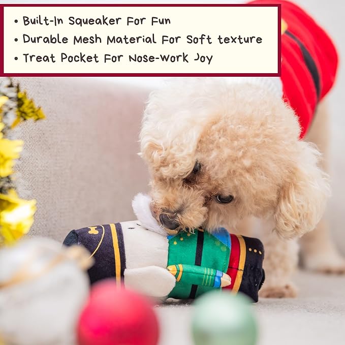 Nutcracker Treat-Dispensing Soft Plush Squeaky Pet Toy - Christmas/X’Mas Festive Enrichment Gift, Durable Cute&Fun Toy for Interactive Play,Hide Food for Nose-Work Puzzle, Small Medium Dogs-Mewly Pet