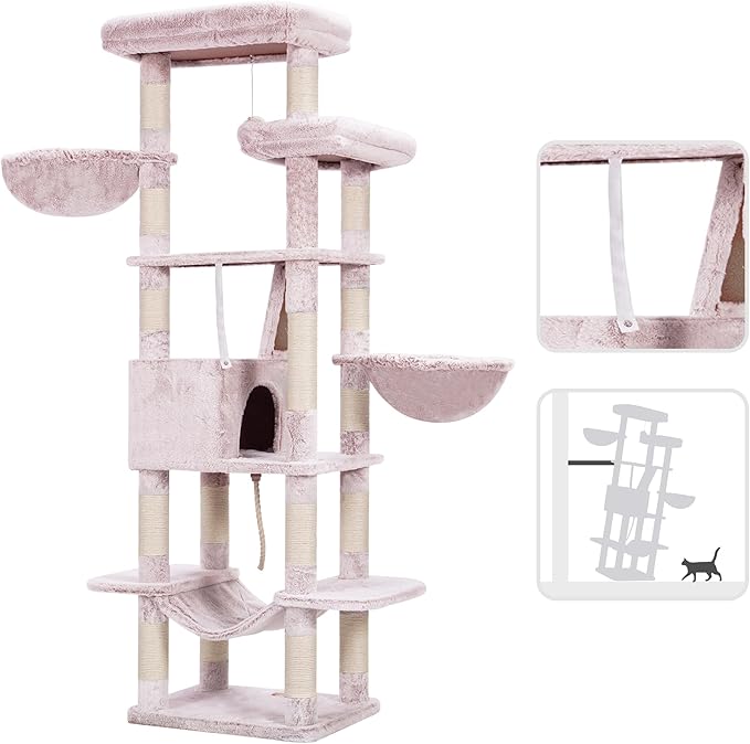 Heybly Cat Tree, 68 inch Multi-Level Cat Tower for Indoor Cats, 2 Widened Plush Perches Cat Condo with Scratching Board and Big Caves, Muchroom HCT025MU-Mewly Pet