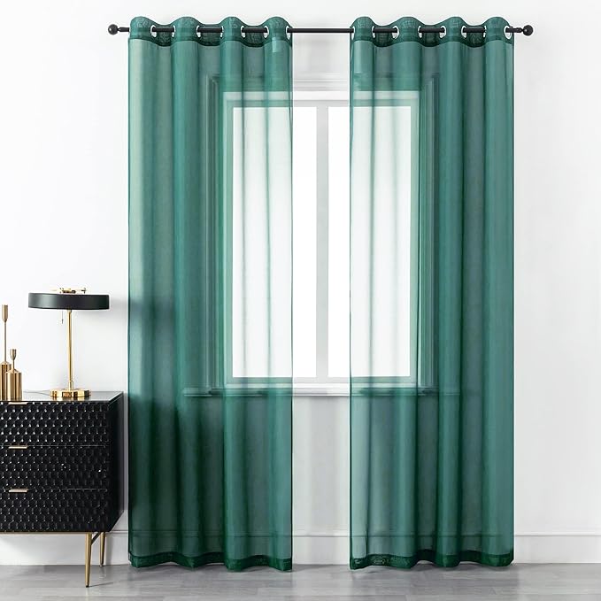 DUALIFE Hunter Green Sheer Curtains 96 Inch Length,Look Semi Sheer Curtain Drapes for Living Room Bedroom Loft Kitchen Bathroom Privacy Voile Window Treatment Panels,52 x 96 Inches,Set of 2