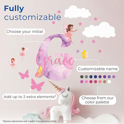 CRYPTONITE Custom Stickers Name & Initial for Fairy Decor I Fairy Pink Room Decor for Girl Bedroom Decor I Personalized Fairy Wall Decals for Little Girl Room Decor I Multiple Size Options (D. Fairy)
