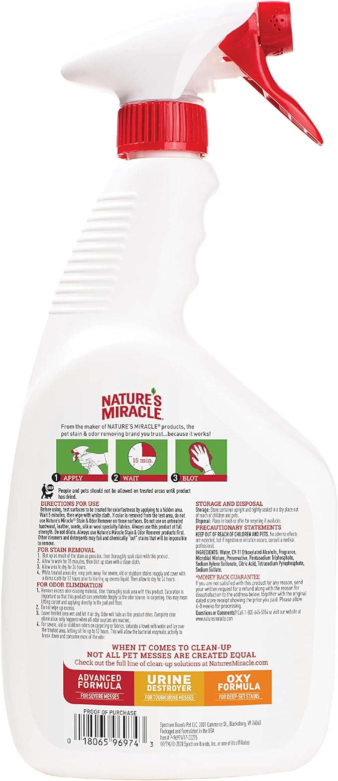Nature's Miracle Stain and Odor Remover, Spot Stain and Pet Odor Eliminator, Enzymatic Formula, 32 Ounce Spray-Mewly Pet