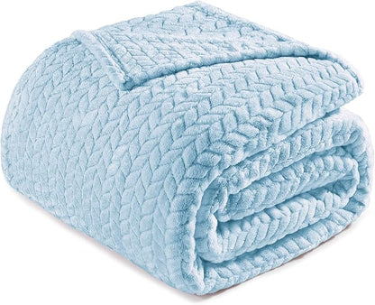 Exclusivo Mezcla Fleece Queen Size Blanket for Bed, 90x90 Inches Soft Cozy Jacquard Flannel Blankets, Lightweight Fuzzy Plush Warm for Winter, Light Blue
