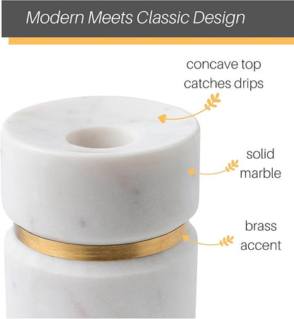 Cork & Mill Taper Candle Holders for Candlesticks, Set of 2 Handcrafted White Marble and Gold Brass Candle Stick Holders, Modern Centerpiece for Dining Table Decor or Mantle