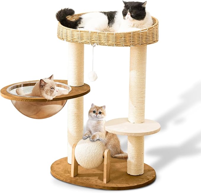 Modern Cat Tree for Indoor Cats, Wood Cat Tree with Natural Sisal-Covered Scratching Posts, Unique Cat Furniture Activity Center with Cat Scratching Ball Toy-Mewly Pet