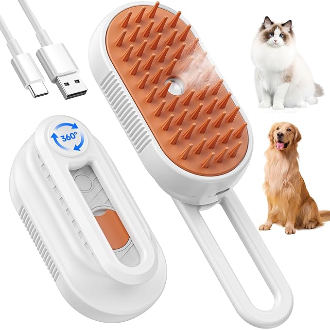 Cat Steam Brush for Shedding, 4 in 1 Rechargeable Steam Brush for Cats and Dogs, Anti-Static, Massage, Cleaning, Shedding & Combing All In One!-Mewly Pet
