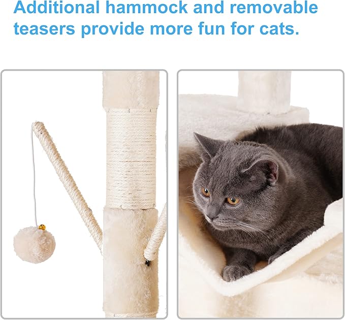 Hey-brother Cat Tree, 71 inches XL Large Cat Tower for Indoor Cats, Multi-Level Cat House with 3 Padded Perches, Big Scratcher, Cozy Basket, 2 Cat Condos and Scratching Posts, Beige MPJ034M-Mewly Pet