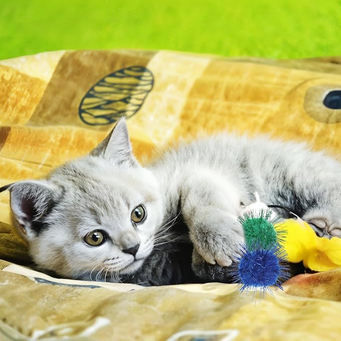 40 Pcs Pom Pom Balls for Kittens Colorful Pompom Balls for Cats Sparkle Ball for Cats Interactive Cat Toy Set for Exercise and Entertainment-Mewly Pet