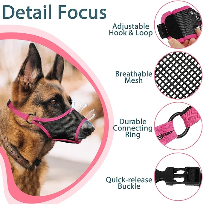 LUCKYPAW Dog Muzzle, Mesh Muzzle for Large Medium Small Dogs, Soft Mouth Guard for Biting Chewing, Breathable Mouth Guard with Adjustable Strap for Training(Hot Pink, XS(Snout:6.5"-7.5"))-Mewly Pet