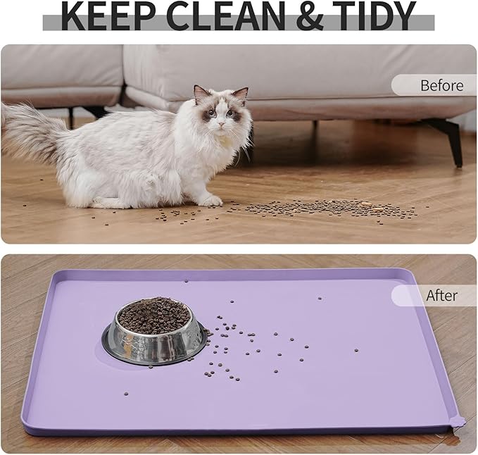 Waterproof Pet Feeding Mat with High Raised Edges, Heavier and Thicker Placemats for Cat Dog Water Bowl with BPA Free, Dogs Cats Food Mats for Messy Drinkers to Prevent Spill and Protect Floors-Mewly Pet