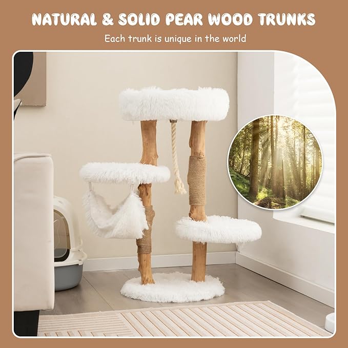 Tangkula Cat Tree Tower, Solid Wood Modern Cat Tower with Cozy Top Perch, 2 Platforms & 1 Hammock, Natural Branch Cute Cat Tree with Scratching Posts & Sisal Rope for Indoor Cats-Mewly Pet