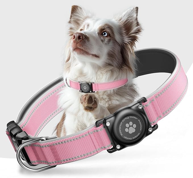 Airtag Dog Collar - 100% Waterproof Air tag Dog Collar Holder for Apple AirTag, Reflective, Soft Padded, Everlasting, GPS Dog Collar for Small Medium Large Dogs (Pink, L)-Mewly Pet
