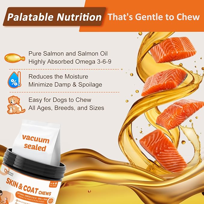 NATURE TARGET Omega 3 Fish Oil for Dogs, Salmon Oil Skin and Coat Supplement for Dogs Itchy Skin Relief with Omega 3-6-9 (EPA & DHA), Zinc, Biotin and Vitamin E & C - 120 Salmon Flavored Soft Chews-Mewly Pet
