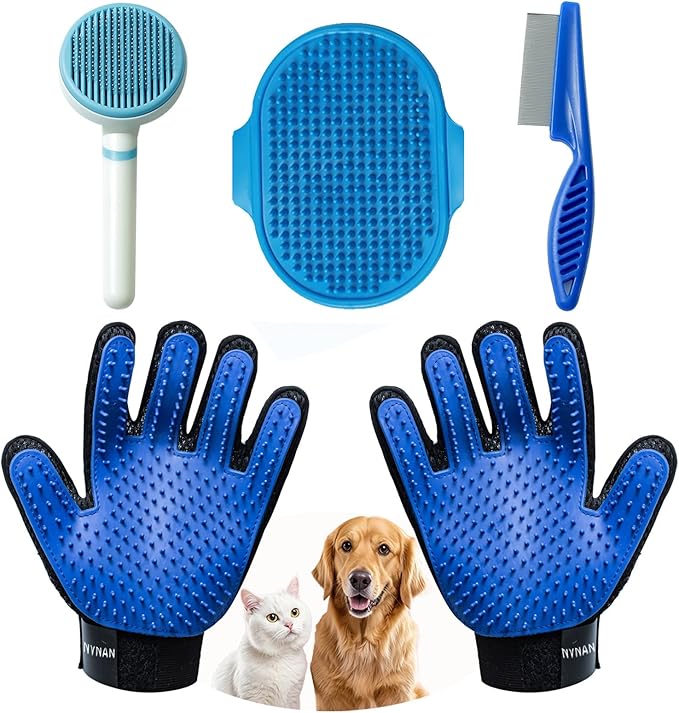 4Piece Dog Grooming Brush Set with Grooming Gloves, Deshedding Comb & Massage Bath Brush - Multifunctional Pet Hair Removal Tools for Shedding, Bathing, Brushing (Blue)-Mewly Pet